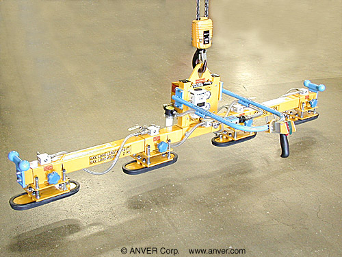 ANVER Four Pad Air Powered Vacuum Lifter with Custom Foam Pads for Handling Limestone 8 ft x 1 ft (2.4 m x 0.3 m) up to 1000 lb (454 kg)