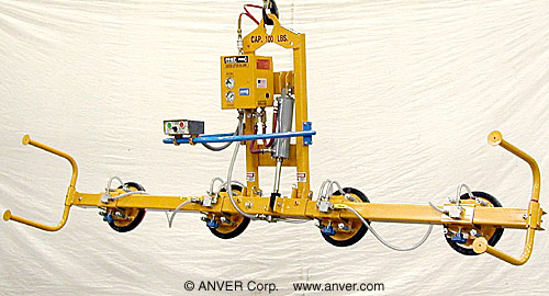 Four Pad Air Powered Vacuum Lifter with Powered Tilt and Foam Pads for Lifting Styrofoam Panels