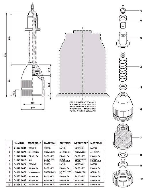 Dimensions and Replacement Parts for Bottling Head Number B-001.00581