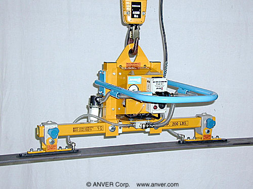 ANVER Two Pad Electric Powered Vacuum Lifter with Special Oval Cups for Lifting Steel Alloy Bars 7" x 12 ft (178 mm x 3.6 m) up to 200 lb (90 kg)