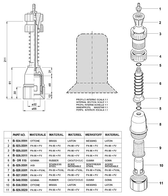 Dimensions and Replacement Parts for Bottling Head number B-001.0001