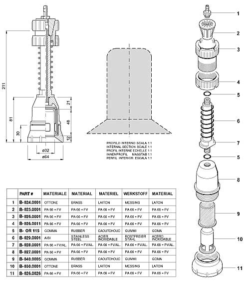 Dimensions and Replacement Parts for Bottling Head Number B-001.0002