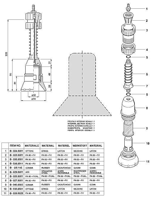 Dimensions and Replacement Parts for Bottling Head Number B-001.0003