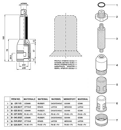 Dimensions and Replacement Parts for Bottling Head Number B-001.0015