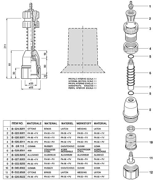 Dimensions and Replacement Parts for Bottling Head Number B-001.0035