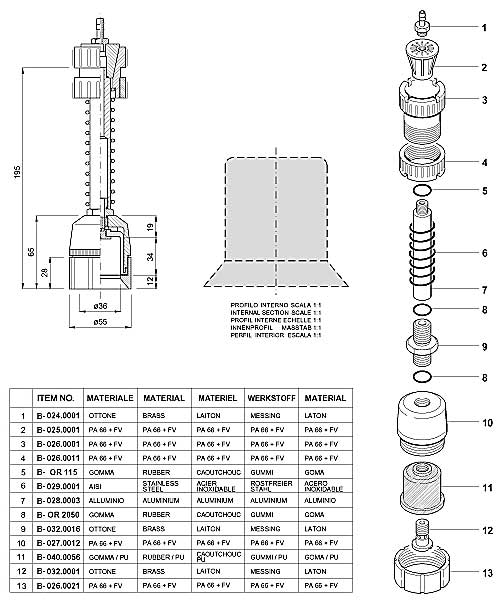 Dimensions and Replacement Parts for Bottling Head Number B-001.0006