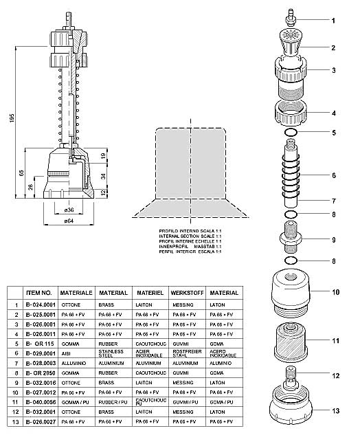 Dimensions and Replacement Parts for Bottling Head Number B-001.0007