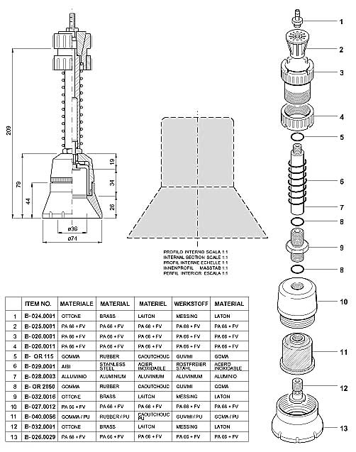 Dimensions and Replacement parts for Bottling Head Number B-001.0008