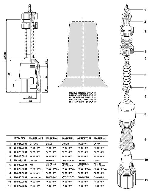 Dimensions and Replacement Parts for Bottling Head Numbers B-001.0004 and B-001.00042