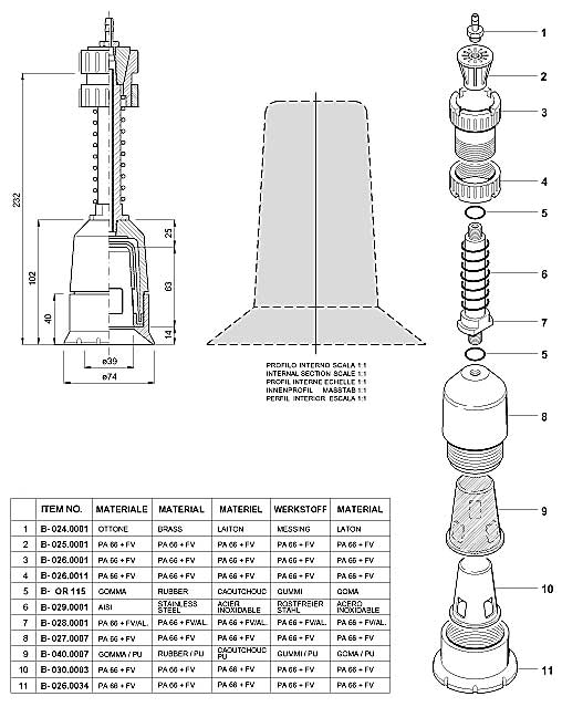 Dimensions and Replacement Parts for Bottling Head Number B-001.0005