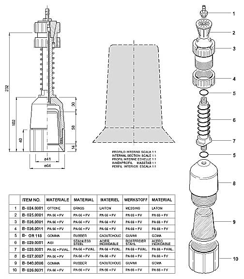 Dimensions and Replacement Parts for Bottling Head Number B-001.0009