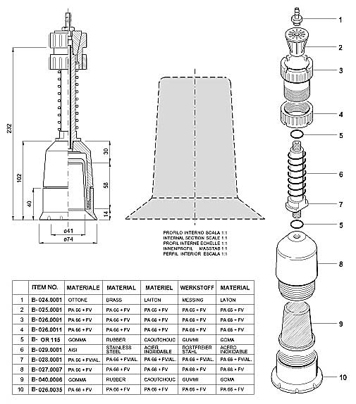 Dimensions and Replacement Parts for Bottling Head Number B-001.0010