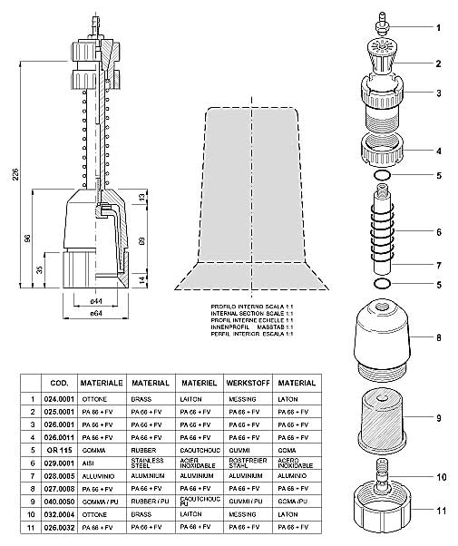 Dimensions and Replacement parts for Bottling Head Number B-001.0018