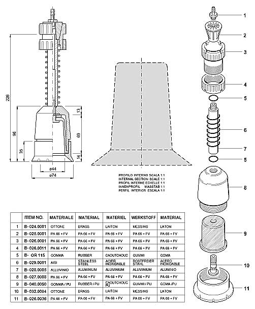 Dimensions and Replacement Parts for Bottling Head Number B-001.0019