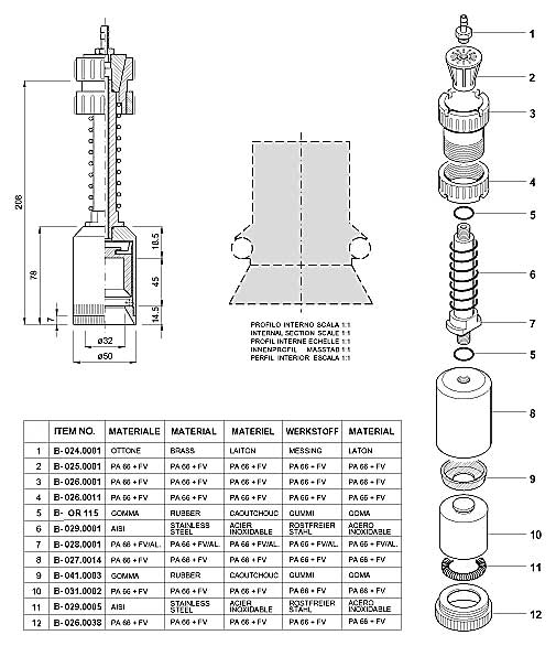 Dimensions and Replacement Parts for Bottling Head Number B-001.0012