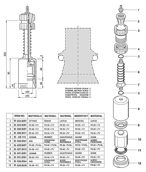 Dimensions and Replacement Parts for Bottling Head Number B-001.0013