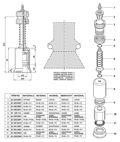 Dimensions and Replacement Parts for Bottling Head Number B-001.0014