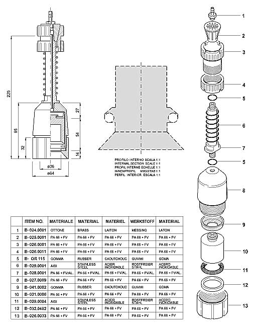 Dimensions and Replacement Parts for Bottling Head Number B-001.0024