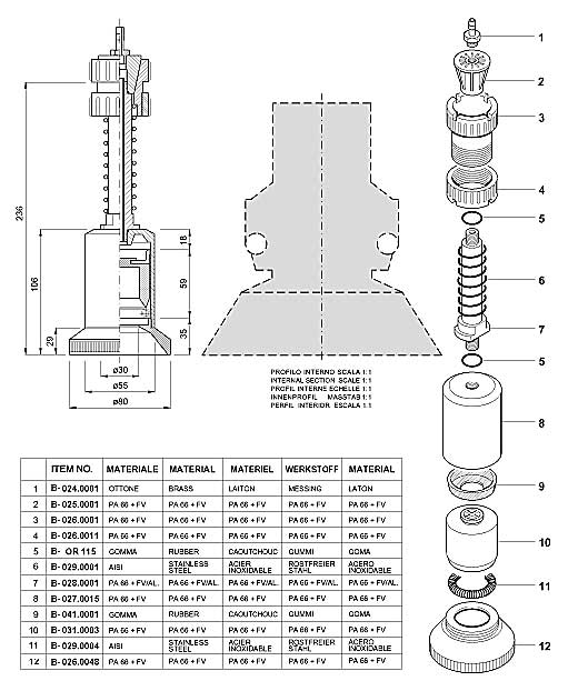 Dimensions and Replacement Parts for Bottling Head Number B-001.0025