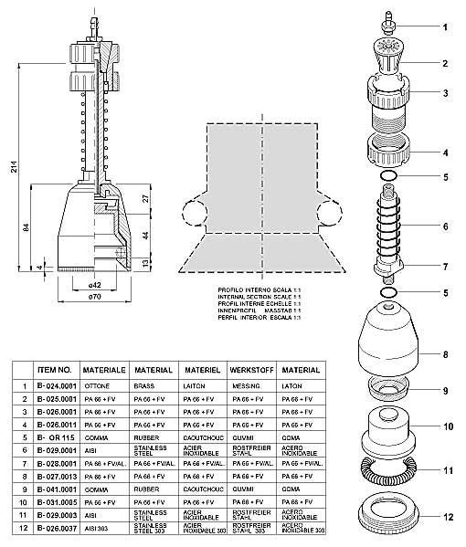 Dimensions and Replacement Parts for Bottling Head Number B-001.0011