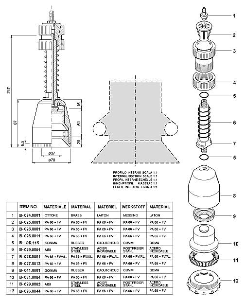 Dimensions and Replacement Parts for Bottling Head number B-001.0020