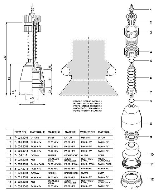 Dimensions and Replacement Parts for Bottling Head Number B-001.0021