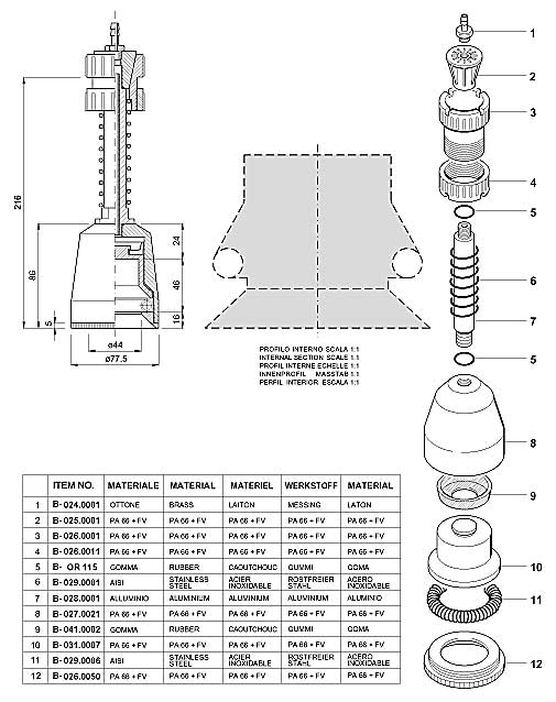 Dimensions and Replacement Parts for Bottling Head Number B-001.0027