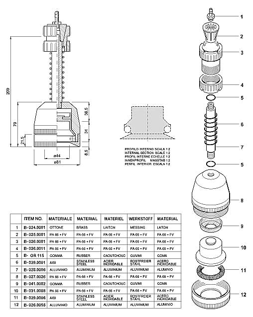 Dimensions and Replacement Parts for Bottling Head Number B-001.0032