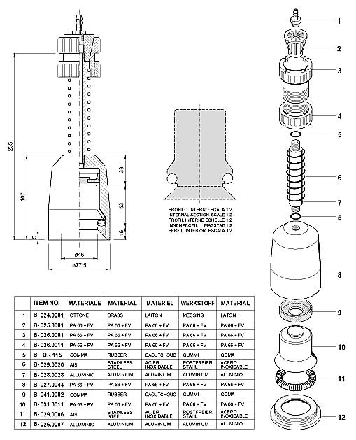 Dimensions and Replacement Parts for Bottling Head Number B-001.0053