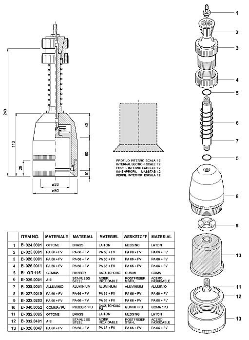 Dimensions and Replacement Parts for Bottling Head Number B-001.0023