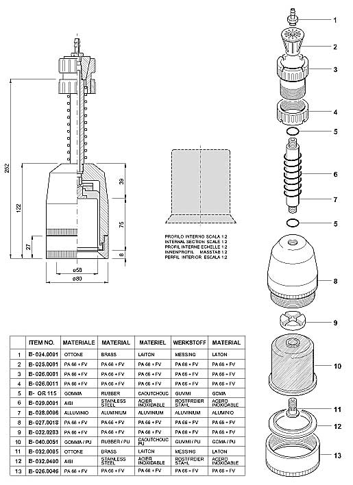 Dimensions and Replacement Parts for Bottling Head Number B-001.0022