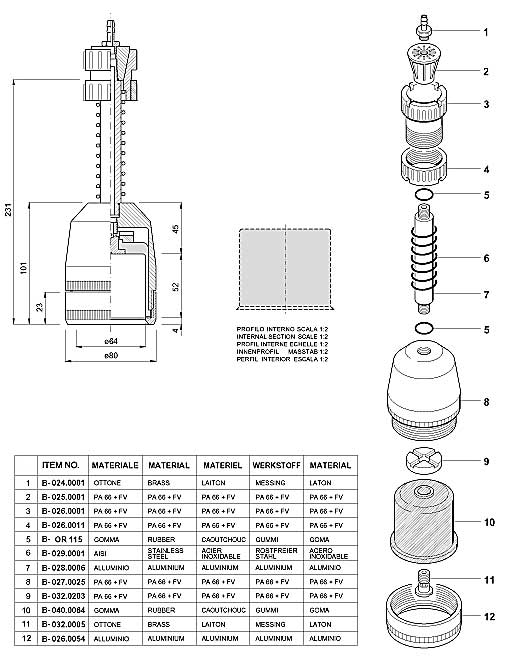 Dimensions and Replacement parts for Bottling Head Number B-001.0031