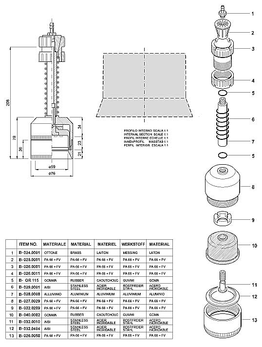 Dimensions and Replacement Parts for Bottling Head Number B-001.0036