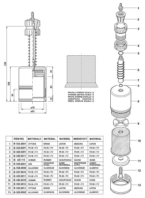 Dimensions and Replacement Parts for Bottling Head Number B-001.0041