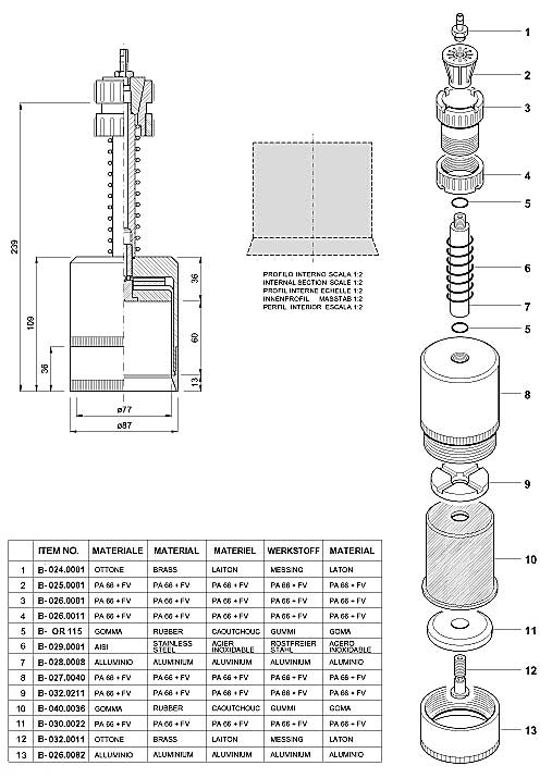 Dimensions and Replacememt Parts for Bottling Head Number B-001.0049