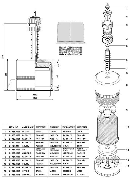 Dimensions and Replacement Parts for Bottling Head Number B-001.0046