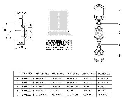 Dimensions and Replacement Parts for Bottling Head Number B-001.0017