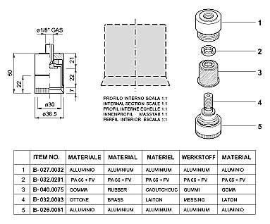 Dimensions and Replacement Parts for Bottling Head Number B-001.0039