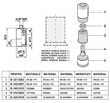 Dimensions and Replacement Parts for Bottling Head Number B-001.0105