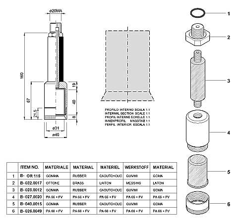 Dimensions and Replacement Parts for Bottling Head Number B-001.0026