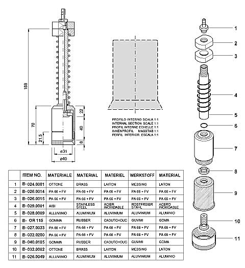 Dimensions and Replacement Parts for Bottling Head Number B-001.0040