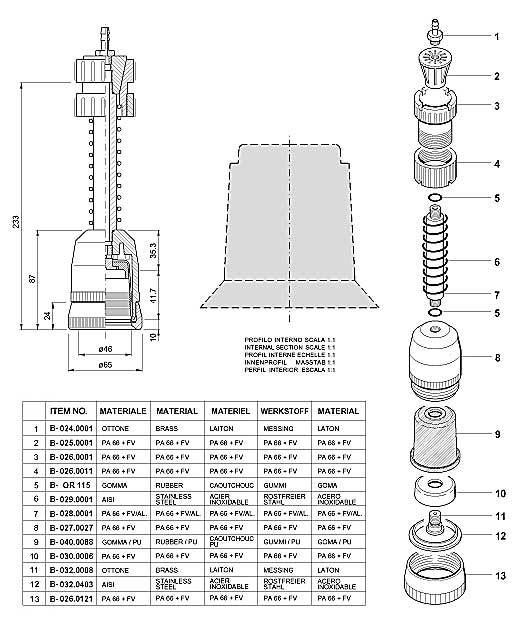 Dimensions and Replacement Parts for Bottling Head Number B-001.0087