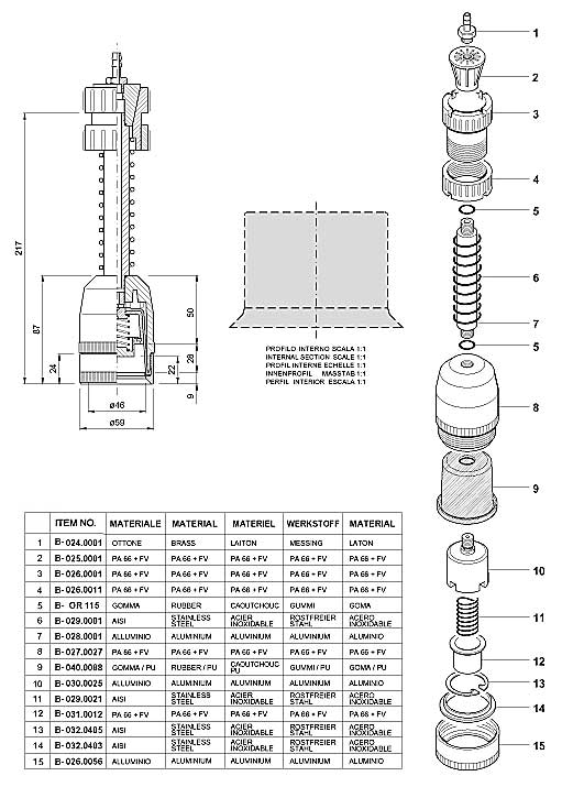 Dimensions and Replacement Parts for Bottling Head Number B-001.0054