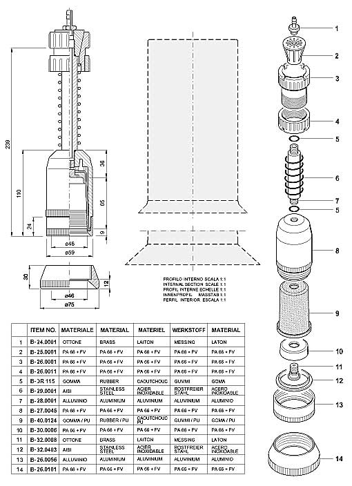 Dimensions and Replacement Parts for Bottling Head Number B-001.0057 and B-001.0094