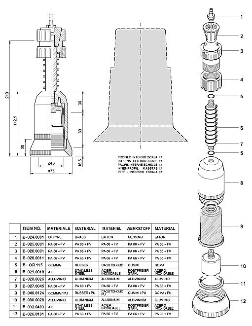 Dimensions and Replacement Parts for Bottling Head Number B-001.0063