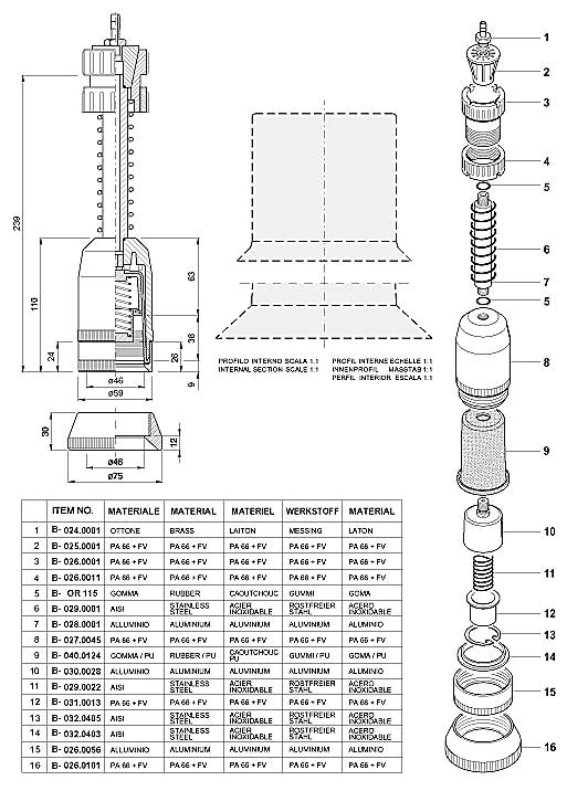 Dimensions and Replacement Parts for Bottling Head Number B-001.0055 and B-001.0077