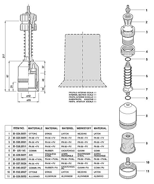 Dimensions and Replacement Parts for Bottling Head Number B-001.0030