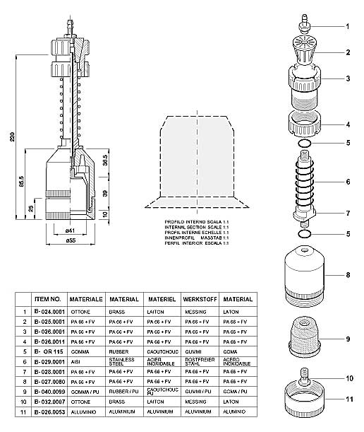 Dimensions and Replacement Parts for Bottling Head Number B-001.0101