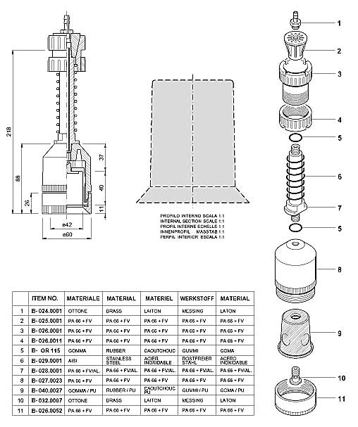 Dimensions and Replacement Parts for Bottling Head Number B-001.0029