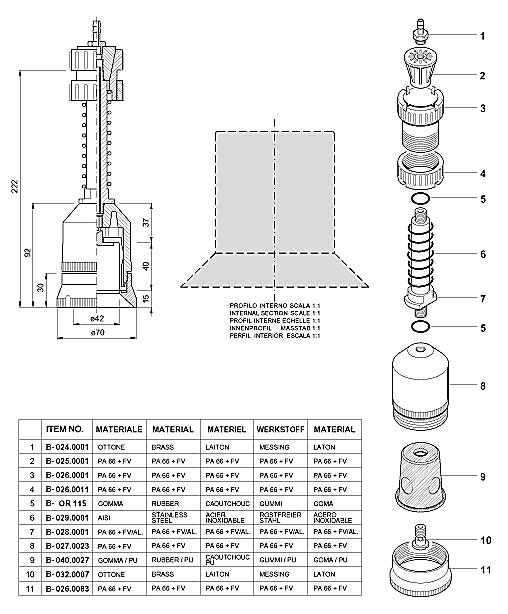 Dimensions and Replacement Parts for Bottling Head Number B-001.0050